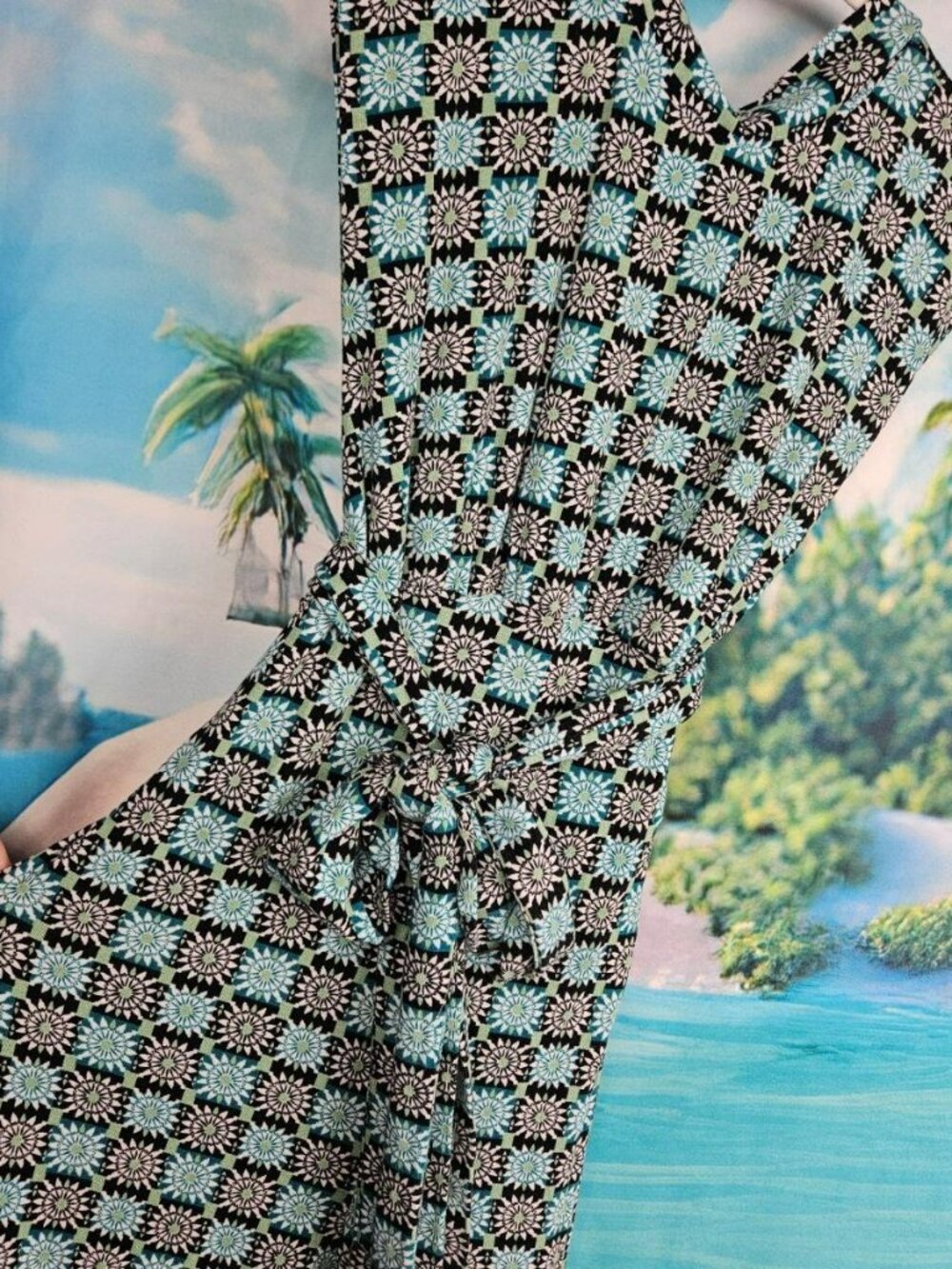 Free People Boho Floral Checkered Jumpsuit Womens XS Blue Geometric Pantsuit
